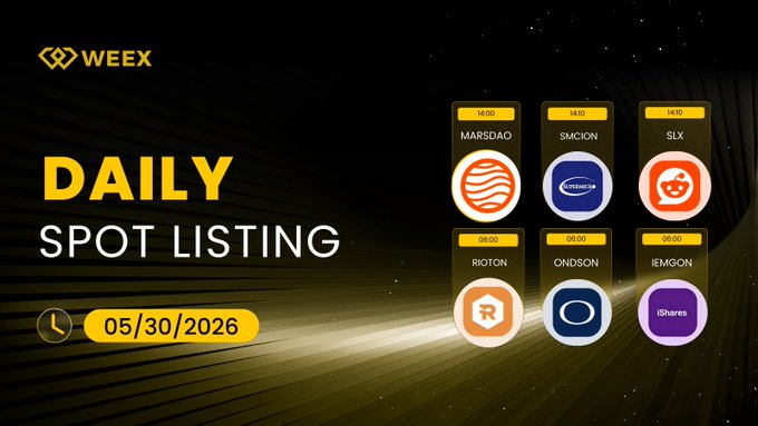 The image features a poster for a daily spot listing, with a black background and yellow text that reads "Daily Spot Listing" at the top of the poster. Below this, there are six different logos or icons representing various companies or projects, including MarsDAO, RDDTON, SMCION Yeni listelemeleri keşfat: weex.io/en/register?vi , $IEMGON $ONDSON $RIOTON $MDAO @0xMarsDAO $RDDTON $SMCION Yeni listelemeleri keşfat: weex.io/help Bu paylaşım yalnızca". The poster is set against a black background, and the text "Daily Spot Listing" is written in yellow at the top of the image.