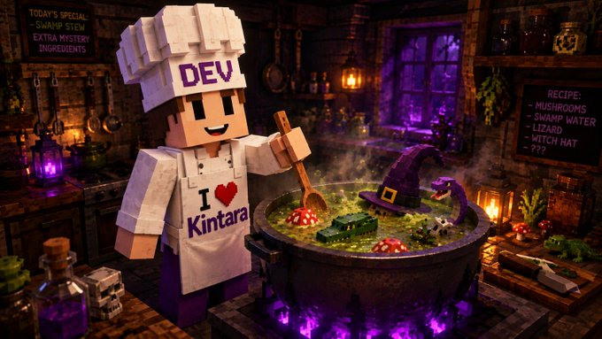 A creative image featuring a Minecraft-style character dressed as a chef, wearing a hat labeled 'DEV' and an apron reading 'I ❤ Kintara.' The character is cooking in a bubbling cauldron in a rustic, fantasy-themed kitchen.