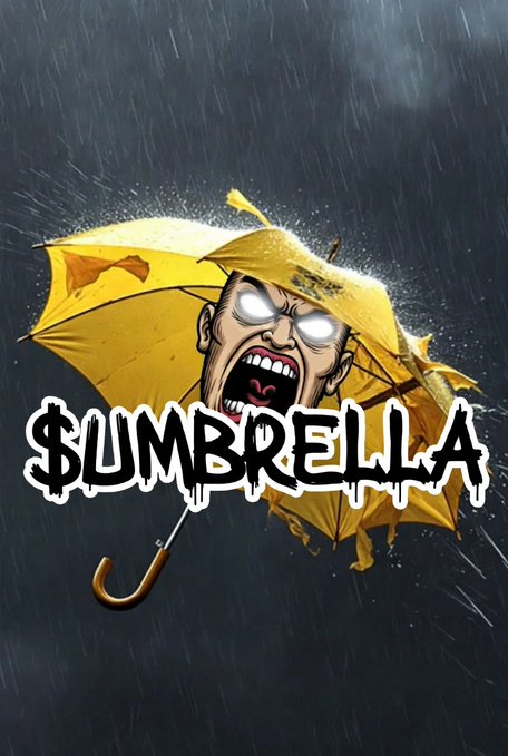A meme-style illustration of a screaming, angry face with glowing eyes under a yellow umbrella in the rain, with the text "$UMBRELLA" overlaid in a graffiti font.