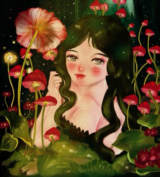 A digital illustration of a pale woman with dark hair and green eyes, surrounded by red flowers and glowing mushrooms in a dark, enchanted setting.