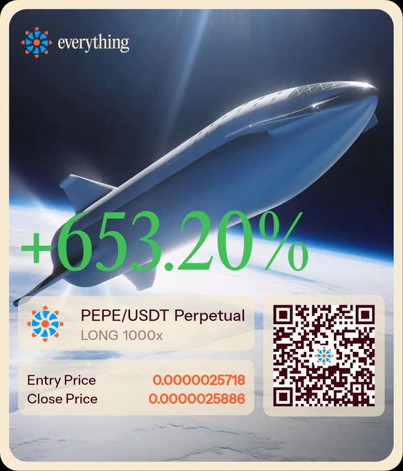 An advertisement for 'everything' exchange showing a +653.20% gain on a PEPE/USDT Perpetual trade with 1000x LONG leverage, displaying entry price 0.0000025718 and close price 0.0000025886, alongside a QR code and a missile soaring above the clouds.