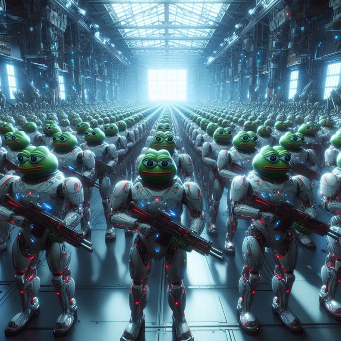 A surreal, sci-fi image of an enormous army of robotic soldiers with green Pepe the Frog heads, all holding rifles in rows inside a vast industrial hangar.