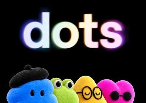 The glowing, colorful text 'dots' appears above four plush mascot characters in blue, green, yellow, and pink against a black background.