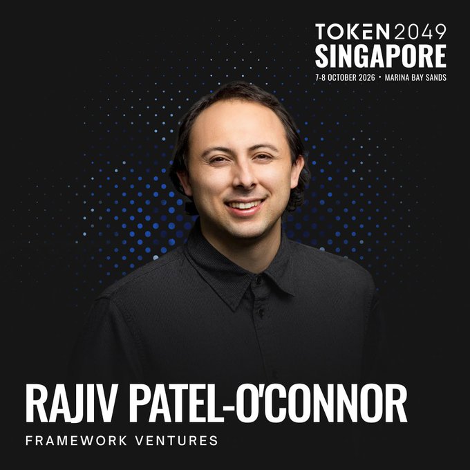 A promotional poster for TOKEN 2049 Singapore (7-8 October 2026, Marina Bay Sands) featuring Rajiv Patel-O'Connor of Framework Ventures.