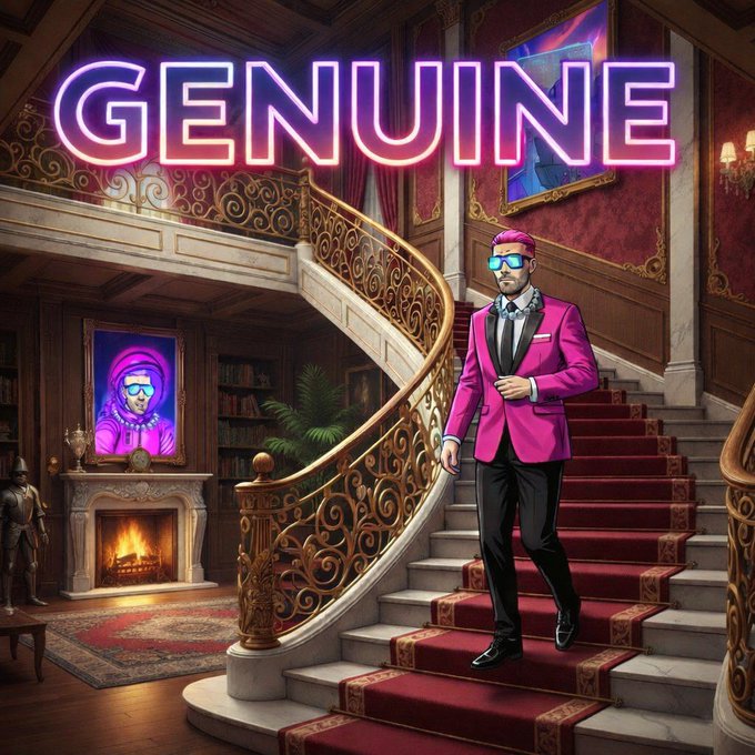 A neon-style text graphic reading 'GENUINE' in pink and white letters sits above an illustration of a man in a pink suit jacket descending a grand staircase in an opulent mansion.