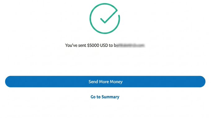 A money transfer confirmation screen showing $5000 USD has been sent, accompanied by a blue "Send More Money" button and "Go to Summary" link. This image appears to be part of a scam giveaway post promising $5000 to participants who engage with a specific beacon link.