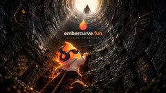 A figure in a dress stands atop a tall, slender tower within a dark, cavernous space with glowing orange fissures, with the 'embercurve.fun' logo visible.