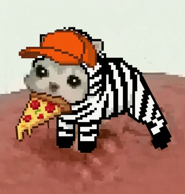 A pixel art image of a small white dog wearing an orange cap, a black and white skeleton costume, and eating a slice of pepperoni pizza.