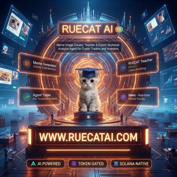 Promotional graphic for RUECAT AI, featuring a kitten in a graduation cap on a futuristic tech platform. Text reads 'Meme Image Creator, Teacher & Expert Technical Analysis Agent for Crypto Traders and Investors' with features like 'Meme Generator', 'RUECAT Teacher', 'Agent Trader', and 'News - Real-time Market Trends', along with the URL WWW.RUECATAI.COM and tags 'AI POWERED', 'TOKEN GATED', 'SOLANA NATIVE'.