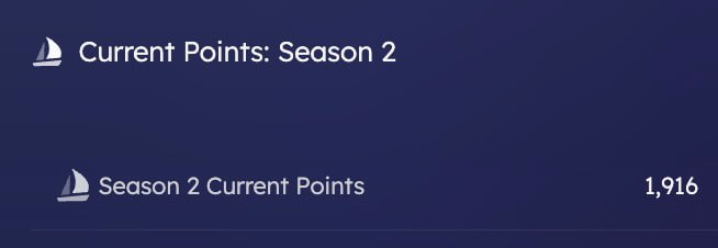 A dark blue interface screen displaying 'Current Points: Season 2' with 'Season 2 Current Points' showing a value of 1,916.