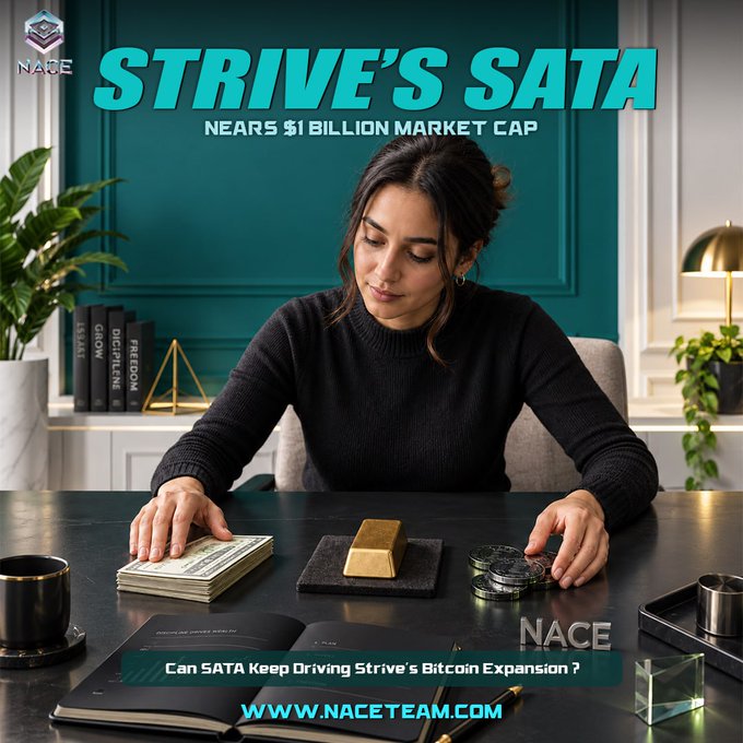 A woman sits at a desk reviewing a stack of cash beside a gold bar and coins, with the headline "STRIVE'S SATA NEARS $1 BILLION MARKET CAP" displayed above and the caption "Can SATA Keep Driving Strive's Bitcoin Expansion?" below, visually reinforcing Strive's growing Bitcoin treasury strategy.
