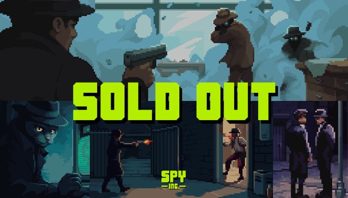 A promotional graphic with pixel-art style characters in a heist/shootout scene with the text "SOLD OUT" prominently displayed and "SPY inc" branding at the bottom.