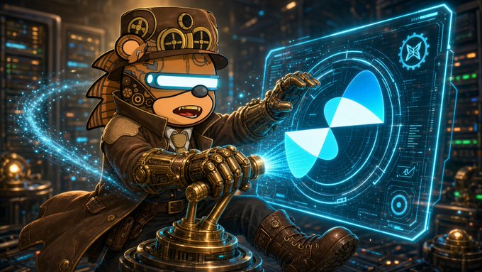 A steampunk-styled cartoon character wearing goggles and a top hat operates a glowing control lever, directing energy toward a holographic blue display showing a quantum-themed emblem in a server room setting. The image visually reinforces the post's theme of quantum compute work on D-Wave Advantage2 annealers, depicting the operator-style engagement with meaningful computational tasks rather than passive hash rate watching.