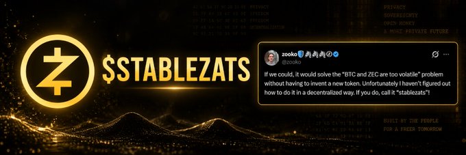 The image displays the "STAICEZATS" logo in glowing gold text alongside the Zcash "Z" emblem, referencing a tweet from Zcash founder @zooko that jokes about solving BTC and ZEC's volatility by inventing "stablezats." The accompanying post highlights this concept as inspiration for a memecoin deployed on Pumpfun to address memecoin liquidity problems.