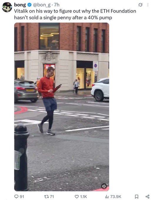 The image shows Vitalik Buterin, co-founder of Ethereum, walking across a street while looking down at his phone. A tweet overlay from user @bon_g jokes that he is "on his way to figure out why the ETH Foundation hasn't sold a single penny after a 40% pump," humorously attributing the question of the foundation's selling decisions to him in person.