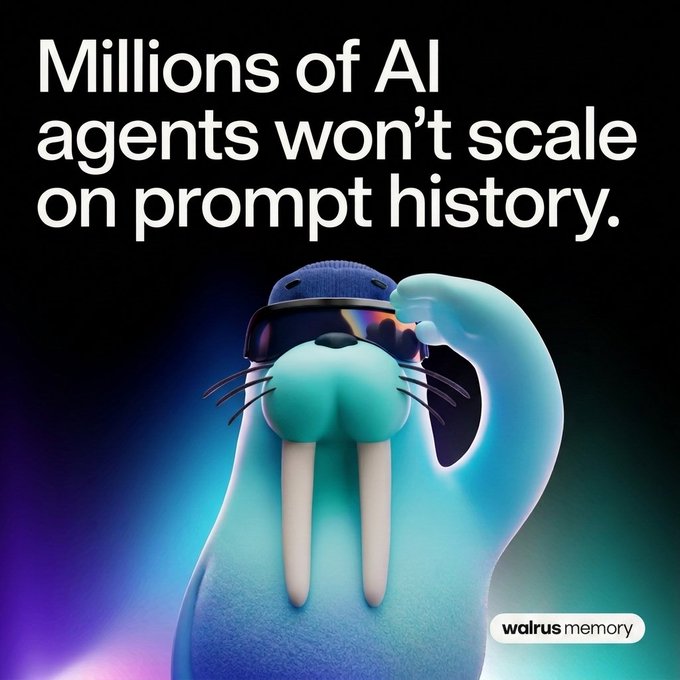 The image features a cartoon walrus wearing sunglasses and holding a gun. The text above the walrus reads "Millions of AI agents won't scale on prompt history." This suggests that there are millions of artificial intelligence (AI) agents being used in various applications, such as decision-making, money management, and coordination across organizations. These AI agents have been designed to be portable, verifiable memory that can be easily shared and trusted by different systems. The post emphasizes the importance of reliable and portable AI agent memory for the success of AI-powered applications.