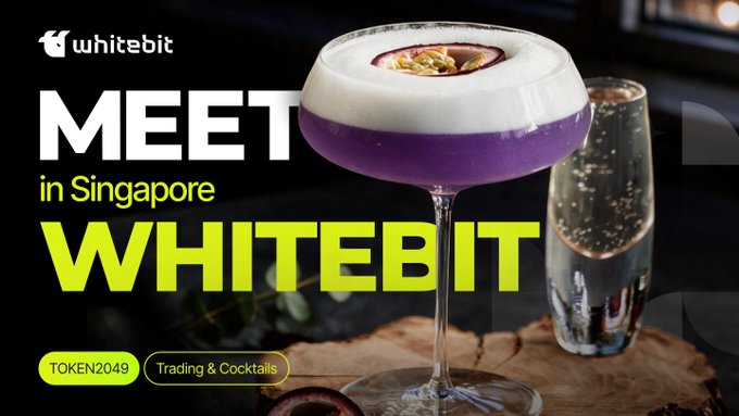 A promotional banner from WhiteBit announces their Singapore meetup at TOKEN2049, featuring a vibrant purple cocktail with foam garnish alongside a champagne glass. The text reads "MEET in Singapore WHITEBIT" with "TOKEN2049" and "Trading & Cocktails" badges, visually representing the cocktail networking event hosted with Bequant and BSO on October 6 at ANTI:DOTE bar.