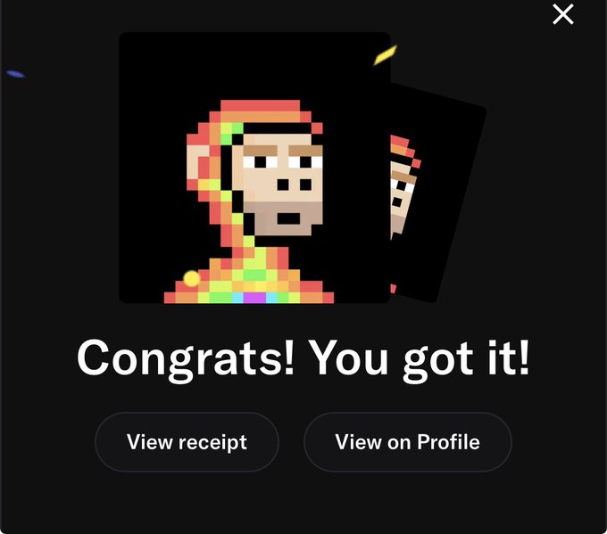 A digital interface screen displays pixel art character portraits with the text 'Congrats! You got it!' above buttons labeled 'View receipt' and 'View on Profile.'