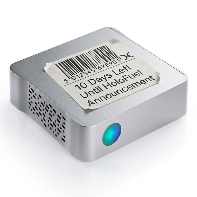 A small silver electronic device with a blue indicator light displays a barcode label reading "10 Days Left Until HoloFuel Announcement" with the number 5012345678901, counting down to the HoloFuel launch related to the $HOT token.