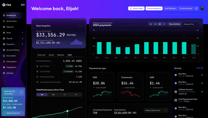 A dashboard interface for "Rise" welcoming user Elijah with a Team Snapshot showing $33,556.29 for Activity Period 2024, including charts for 2024 payments by type, yield performance, and various financial metrics in USD.