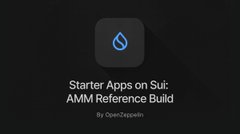 The image features a dark-themed app icon for "Starter Apps on Sui: AMM Reference Build" by OpenZeppelin, relating to the post as it introduces a reference implementation for an Automated Market Maker (AMM) trading bot on the Sui Network.