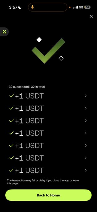A mobile screen displays a successful transaction page showing 32 successful transactions of +1 USDT each, totaling 32 USDT distributed to subscribers. The accompanying post confirms all funds have been sent, thanking subscribers of "h0ld" for their support.