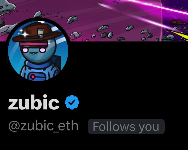 A Twitter/X profile for "zubic" (@zubic_eth) with a verified checkmark, displayed against a cosmic space-themed background. The profile shows "Follows you" status, suggesting the user is showcasing a verified or notable account connection, possibly related to crypto/Web3 community interactions with MoonPay as referenced in the post.
