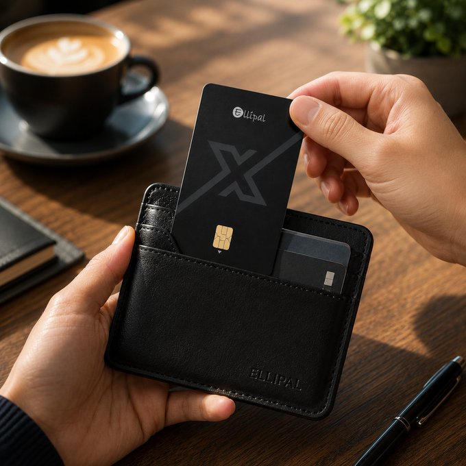 A hand pulls a black "Ellipal" branded NFC card with an "X" logo and gold chip from a black leather wallet on a wooden café table, next to a latte and pen—visually showcasing the slim, battery-free cold wallet designed to tap and sign transactions via phone.