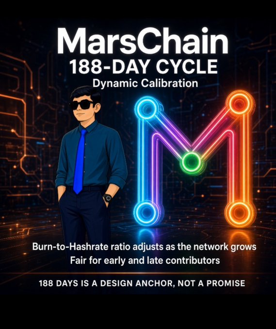 A promotional graphic features an illustrated man in sunglasses and a blue tie beside a neon "M" logo, titled 'MarsChain 188-DAY CYCLE Dynamic Calibration' with text about burn-to-hashrate ratio and design anchor disclaimers.