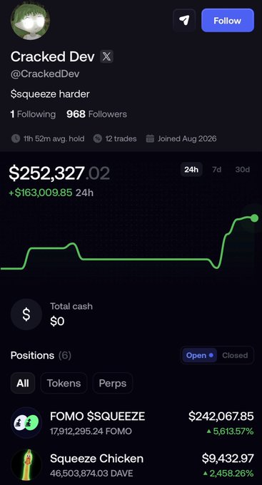 A crypto trading profile for 'Cracked Dev' (@CrackedDev) showing a portfolio value of $252,327.02 and positions in tokens like FOMO $SQUEEZE.