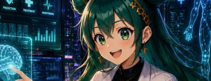 An anime-style illustration shows a green-haired female character with a cross earring in a high-tech medical or laboratory setting featuring brain scans and monitoring equipment.