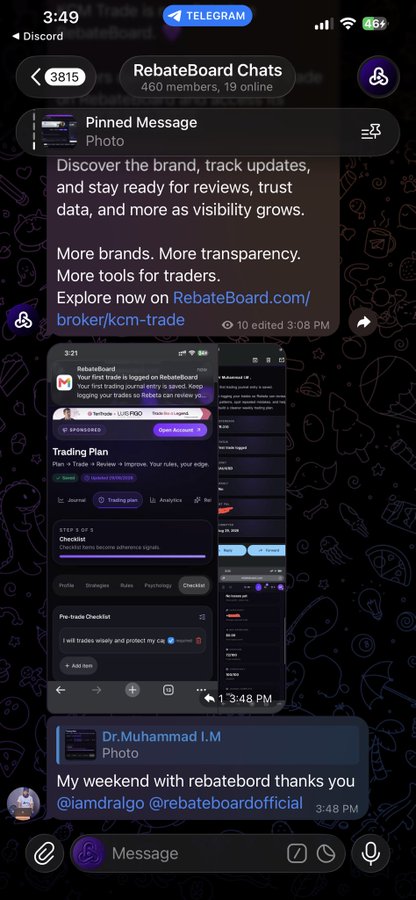 A screenshot of a Discord server called 'RebateBoard Chats' showing a pinned message about brand discovery and a screenshot of a trading plan interface.