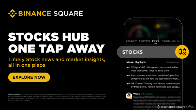 A Binance Square promotional graphic reading 'STOCKS HUB ONE TAP AWAY' advertising timely stock news and market insights, with a phone mockup showing the Stocks tab.