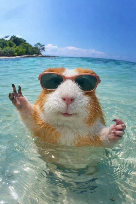 A cute guinea pig wearing orange sunglasses, floating in turquoise ocean water and making a peace sign with its paw, with a tropical island and blue sky in the background.