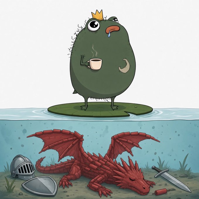 A melancholy green frog prince wearing a tiny crown sips tea on a lily pad above water, unaware of the slain red dragon, knight's helmet, shield, and sword resting on the pond floor below — a whimsical illustration depicting the frustrated hope that Coinbase will finally list the requested token ($Pistacio) to rescue the holder from their bad entry.