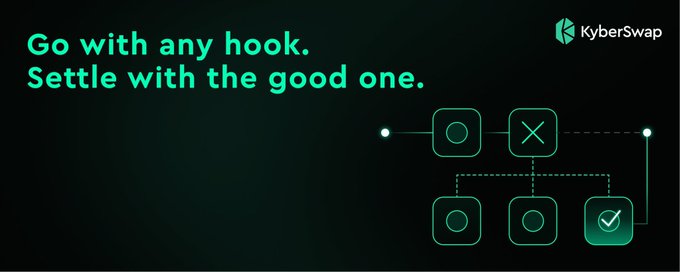 A KyberSwap promotional banner with the text 'Go with any hook. Settle with the good one.' alongside a diagram showing hook selection icons.