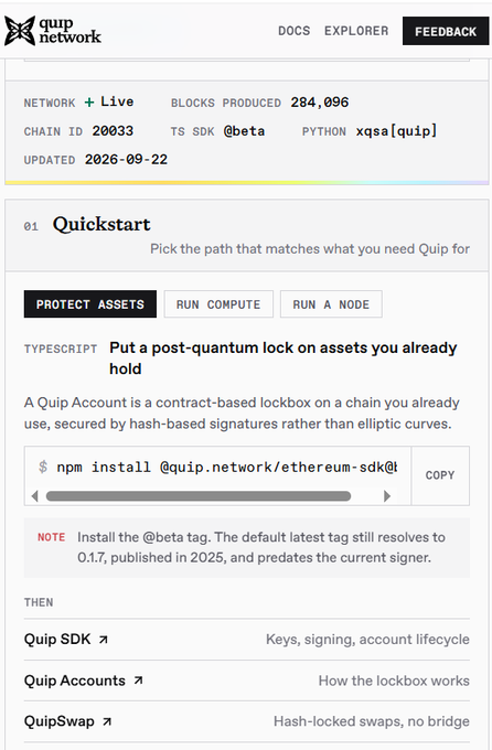 A screenshot of the quip network website showing a live network status with 284,096 blocks produced and chain ID 20033.