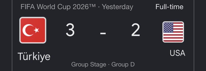 The image shows a FIFA World Cup 2026 scoreboard displaying the final result of a Group Stage Group D match between Türkiye and USA, which ended 3-2 in favor of Türkiye. This result relates to the post, as the user predicted that if Türkiye beats the USA, they will swap their SOL holdings into AVAX—and since Türkiye won, the bet appears to have been triggered.