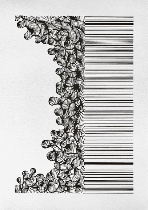 A black and white ink drawing where the left side of the letter 'J' is formed by thick, wavy, cloud-like scribbles, while the right side is made of clean horizontal lines.