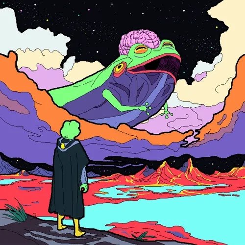 A surreal digital illustration depicting a green frog-like figure in a cloak looking up at a giant floating frog with an exposed brain, set against a colorful alien landscape under a starry sky.