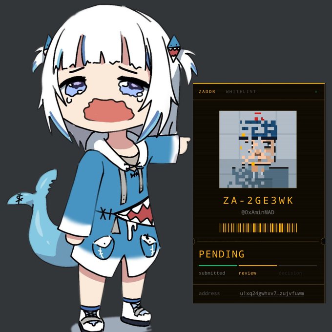 A chibi-style anime character with white hair and a blue shark hoodie cries next to a ZADDR WHITELIST panel showing a pixel art character and the address 'ZA-2GE3WK' with status 'PENDING'.