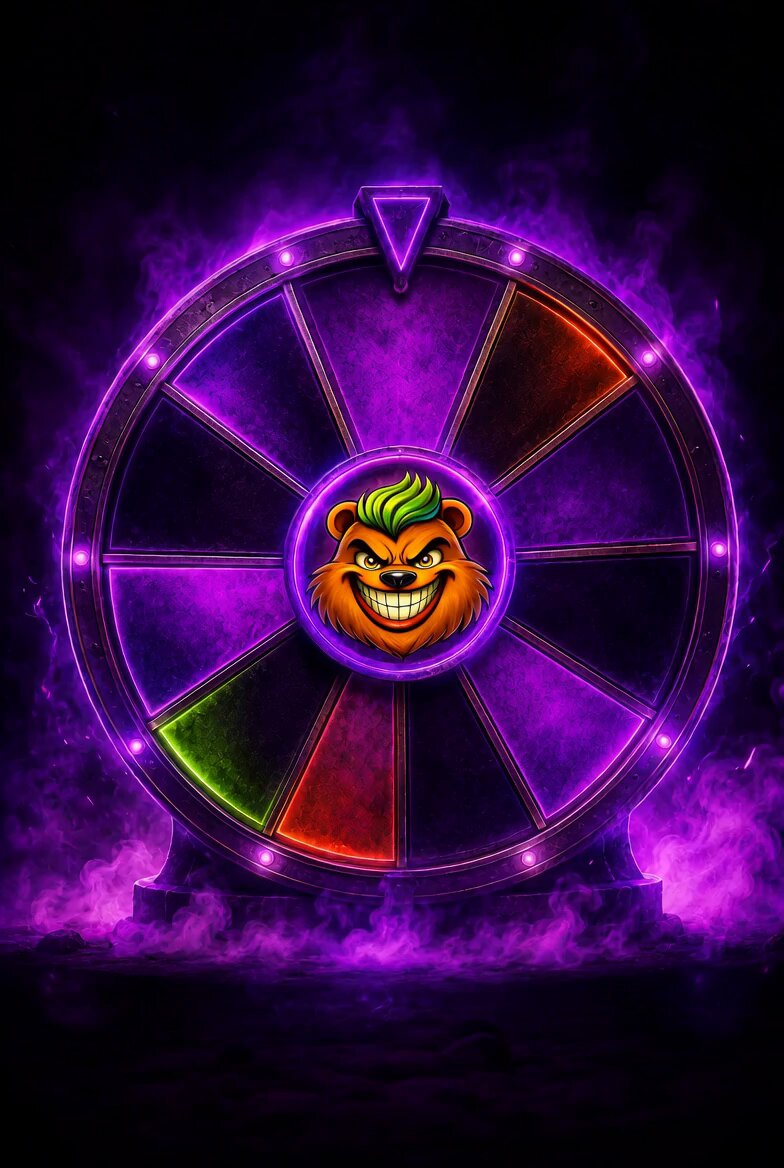 The image features a purple wheel with a cartoon bear face on it, which appears to be spinning. The wheel has a total of eight sections, each representing a different color - red, green, blue, yellow, orange, pink, and purple. The bear's face is located in the center of the wheel, surrounded by these colors. The image also includes text that reads "Not financial advice, but you'd better buy some $jokka and NFTs..." and "@First_Ledger xrp.cafe/de/collection/ ... @xrpcafe".