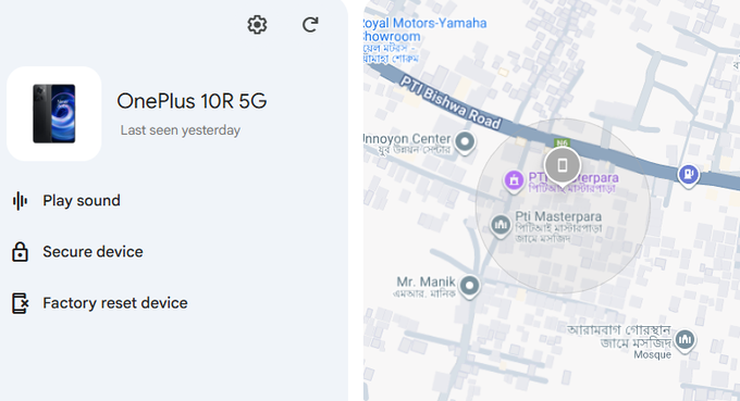 A screenshot of a 'Find My Device' interface for a 'OnePlus 10R 5G' showing options to 'Play sound', 'Secure device', and 'Factory reset device', alongside a map locating the phone in an area with Bengali text.