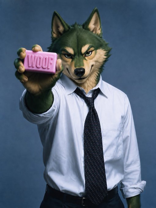 An anthropomorphic wolf in a white dress shirt and black tie holds out a pink bar of soap that reads "WOOF." The image humorously ties into the post's "$WOOF" reference, pairing a literal "woof" (a dog's bark) with the meme-style caption about meeting at a strange time.