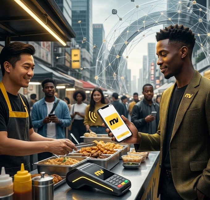The image shows two men standing at a food stand with a cell phone held up, possibly showing off a new app or feature related to payments. The background of the image features a cityscape with tall buildings, indicating that they are likely in an urban setting. The text on the image reads "Moove.xyz Building the Future of Everyday Crypto Payments As the world moves toward a borderless financial system, Moove.xyz is positioning itself as more than just a crypto wallet it' s becoming an everyday money app designed for real world adoption." This suggests that the two men are promoting or discussing a new payment app in a city setting with tall buildings around them.