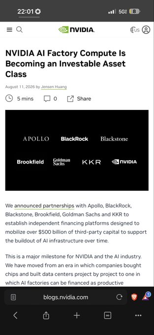 A screenshot from nvidia's blog post titled "NVIDIA AI Factory Compute Is Becoming an Investable Asset Class" by Jensen Huang (August 11, 2026), announcing partnerships with Apollo, BlackRock, Blackstone, Brookfield, Goldman Sachs, KKR, and NVIDIA to mobilize over $500 billion for AI infrastructure—reflecting the crypto community's prior recognition of compute as an investable asset class, as referenced in the post about Bonk Computer's native token tokenomics.