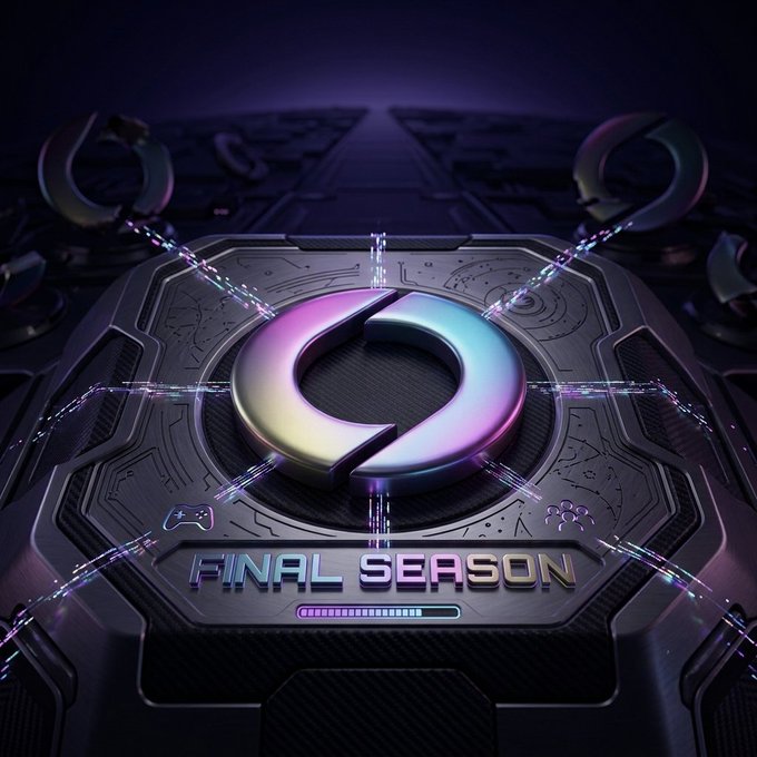 A futuristic, dark-toned digital artwork featuring a metallic chrome infinity symbol on a tech-inspired platform, with 'FINAL SEASON' displayed below and a colorful progress bar.