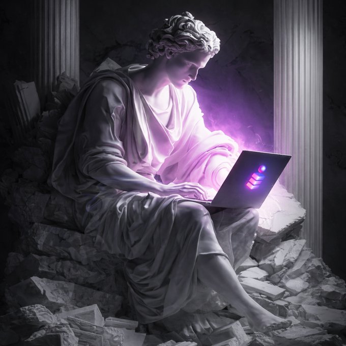 A classical marble statue of a seated figure works on a modern laptop emitting a glowing purple light, surrounded by crumbling ruins.