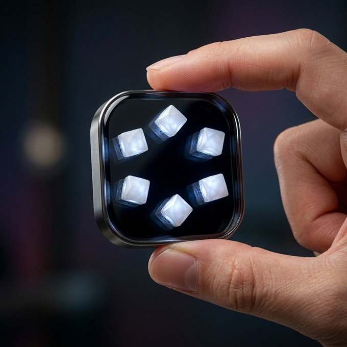 A close-up of a hand holding a small square device displaying animated white dice-like cubes rotating on a black screen.