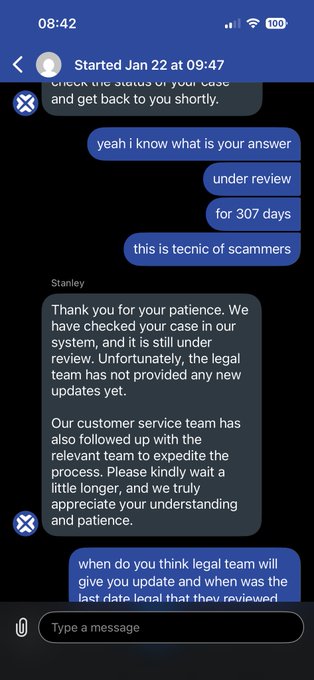A screenshot of a Messenger chat with customer support showing a frustrated user complaining about a case being 'under review for 307 days,' with the support representative Stanley responding that the legal team has not provided updates.